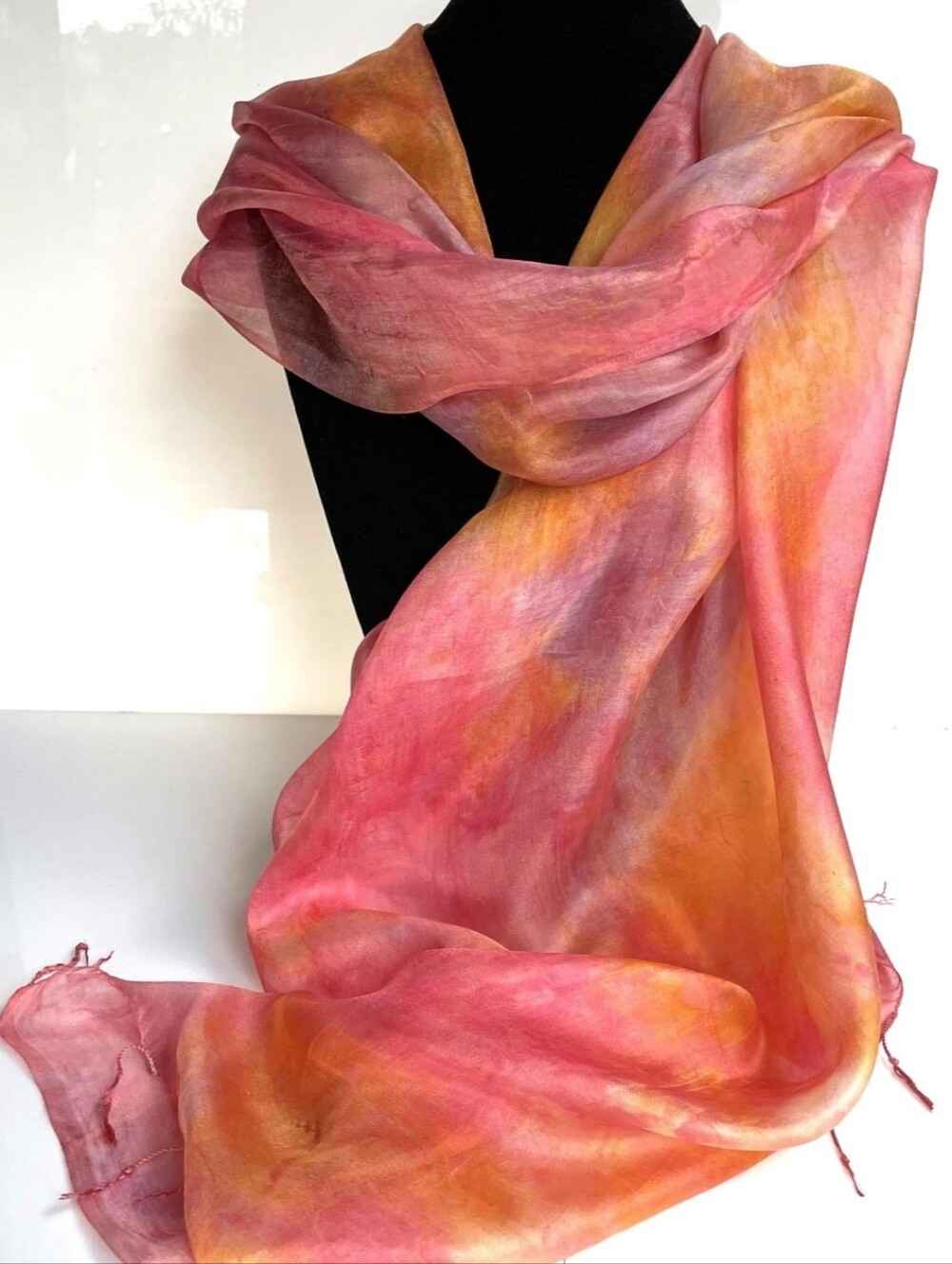 Silk Scarf in Tie Dye Peach Pink and Orange